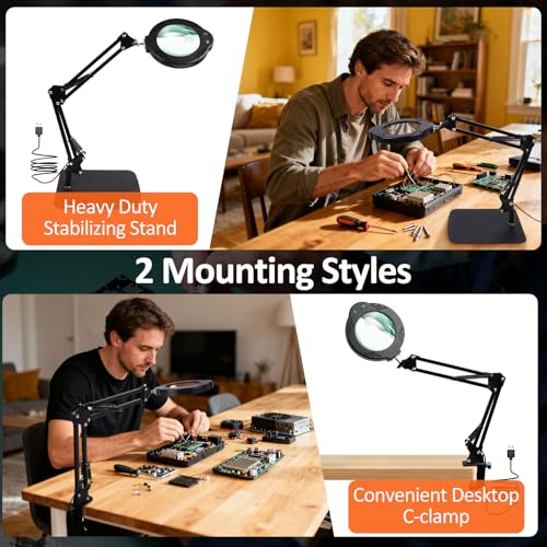 Magnifying Glass with Light and Stand, 10X 30X LED Desk Magnifier with Real Glass Lens, 5 Color Modes, 3 Brightness Levels, Hands-Free Magnifying Lamp for Reading, Crafts, Electronics and Jewelry