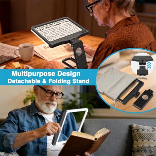 30X 6X Rechargeable Magnifying Glass for Reading, Large Full Page Magnifier with Folding Stand, 3 Color Light Modes, Dimmable LED Lighted, Hands Free Book Magnifier for Fine Prints Low Vision Seniors