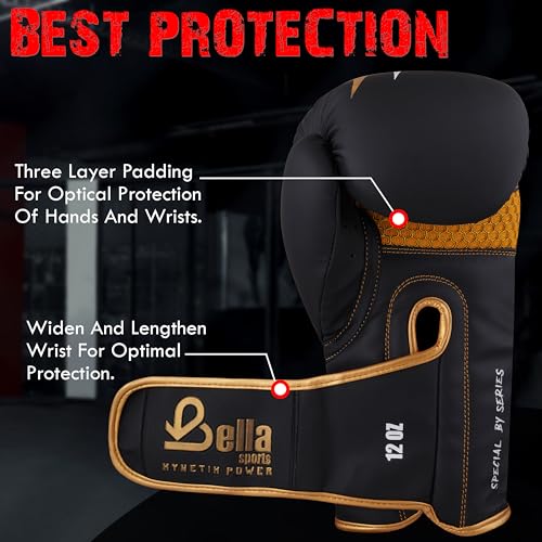 Bella Boxing Gloves - Pro Training & Sparring Gloves, Maya Hide Leather, Men Women Adult, Muay Thai MMA Kickboxing Workout, Heavy Punching Bag & Focus Mitts, Multi Layer Padding, Ventilated Palm - color: Golden, size: 8oz