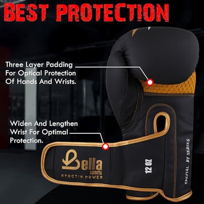 Bella Boxing Gloves - Pro Training & Sparring Gloves, Maya Hide Leather, Men Women Adult, Muay Thai MMA Kickboxing Workout, Heavy Punching Bag & Focus Mitts, Multi Layer Padding, Ventilated Palm - color: Golden, size: 8oz