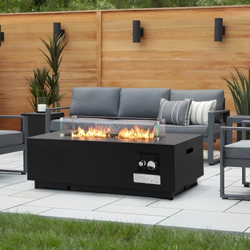 42-inch Outdoor Propane Gas Fire Pit Table 50000 BTU Iron Rectangle Firepit for Outside Patio with Tank Hidden Table, Wind Guard, Removable Lid, Lave Rocks, Waterproof Cover, Balck - size: 42"D
