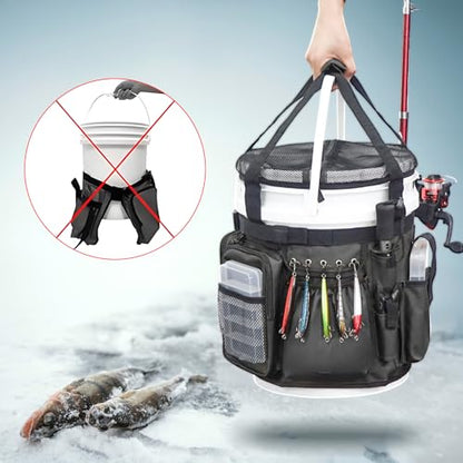 Fishing Bucket Organizer with Bucket Cover Fishing Tackle Bag with Rod & Plier Holder, Multi-Pockets for 5 Gallon Bucket Fishing Gear & Accessories Father Gifts