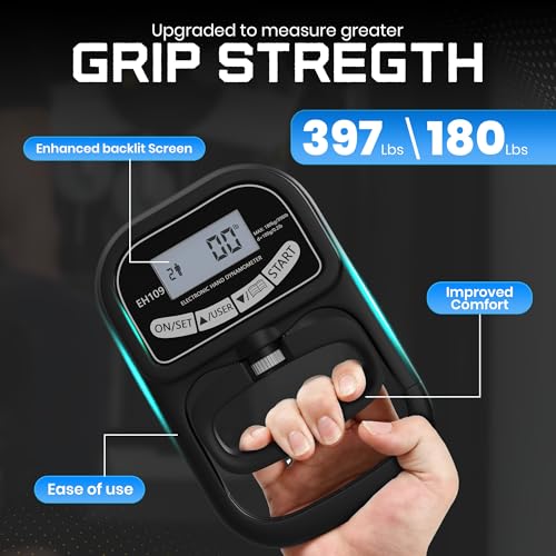 Hand Grip Strength Tester 396lbs/180kg Digital Dynamometer with LED Display, Adjustable Handle, Forearm Trainer for Gym, Rehab & Athletes