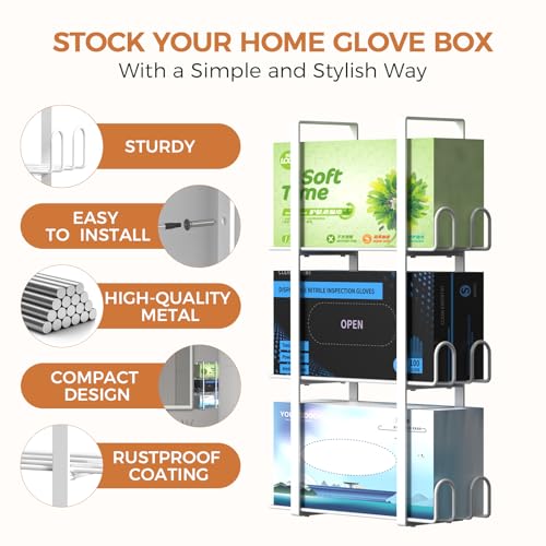Glove Holder Dispenser for Wall Mount, White Metal Disposable Latex Gloves Holder for Lab, Wall-Mounted Rubber Box Holder, Tissue Rack for Kitchen and Garage - color: White