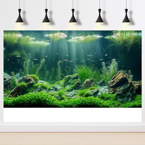 Aquarium Background Underwater Grass Leaves with Stone Aquarium Backdrop Vivid and Fresh Green Aquatic Plant Stone River Bed and Lake Fish Tank Background Decor Vinyl 30x18in