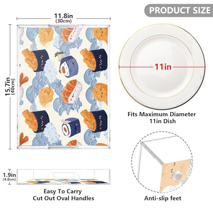 Acrylic Tray Clear Serving Vanity Ottoman Bathroom Coffee Table Countertop Organizer Raised Edge Spill Proof Cute Sushi and Blue Waves - color: Cute Sushi and Blue Waves