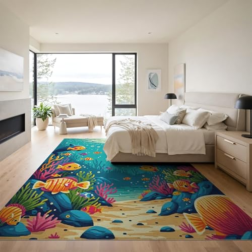 9'x12' Washable Kawaii Fish Oversized Rug, Teal Non-Shedding Pet Friendly Carpet Foldable Easy Care Mat for Master Suite, California King, Under Bed | Ref:1893719
