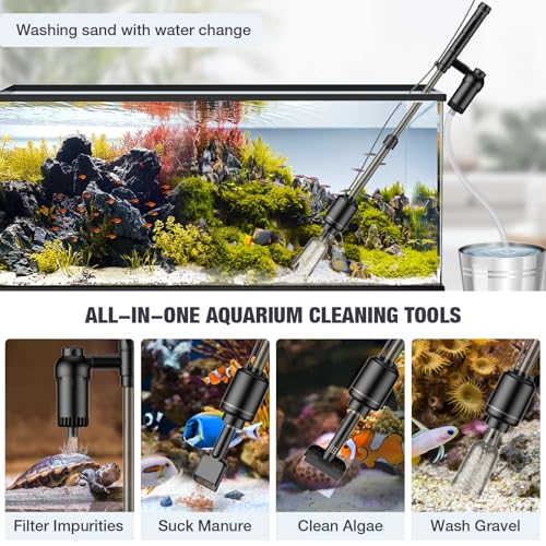 AKKEE Aquarium Vacuum Gravel Cleaner, 18W Electric Fish Tank Cleaner Vacuum, 6 in 1 Multifunctional Aquarium Cleaner for Automatic Water Change, Wash Sand, Water Circulation and Timed Off