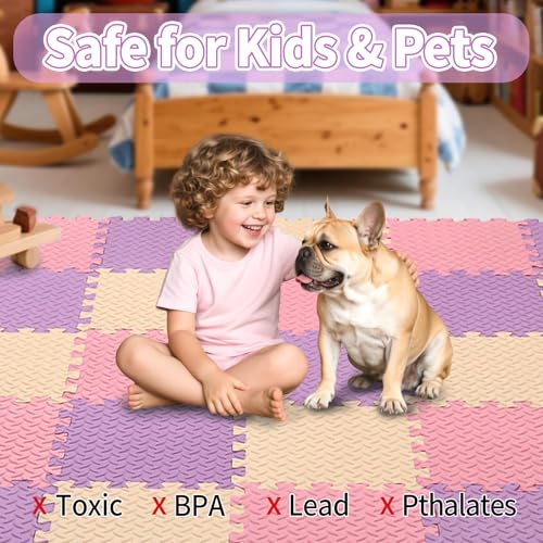 Foam Play Mat, EVA Non-Toxic Interlocking Floor Mats | Tamiplay, ASTM & CPSIA Passed, 11.8 x 11.8″, 0.4″ thick, Non-slip & Waterproof, Easy to clean, Easy Assemble - color: Pink/Beige/Purple, size: 36 Pcs/70.8*70.8