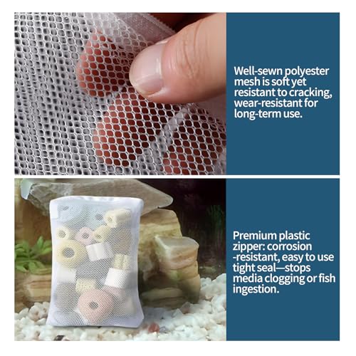 10 Pack 7.8 x 5.9 Inch Media Bags for Aquarium, Aquarium Filter Media Bags with Zipper, Fish Tank Fine Mesh Bag for Carbon, Bio Balls, Ceramic Rings, Volcano Rock(White)