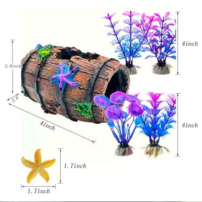 Fish Tank Decoration for Aquarium Tank, Betta Fish Tank Accessories Starfish Barrel x 1pc, Aquarrium Decor Aquatic Plants x 4pcs, Aquarium Decor Starfish x 1pcs.