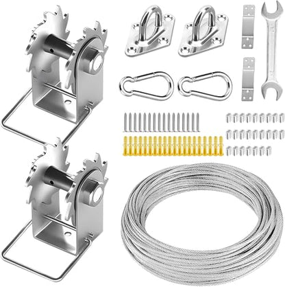 Shade Sail Hardware Kit Include Winches & Wire Rope, Anti-Rust Stainless Steel Sun Shade Hardware Kit for Rectangle Square Triangle Shade Sail Installation(71 PCS)