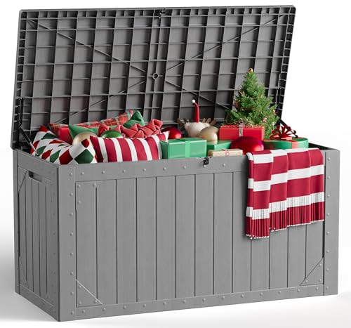 Outdoor Storage Box, 98 Gallon Deck Box, Outdoor Storage Bench, Waterproof Resin Storage Bench with Lockable Lid, Patio Furniture Cushions & Garden Tools Storage, UV Resistant (Gray) - color: Gray, size: 98 Gallon