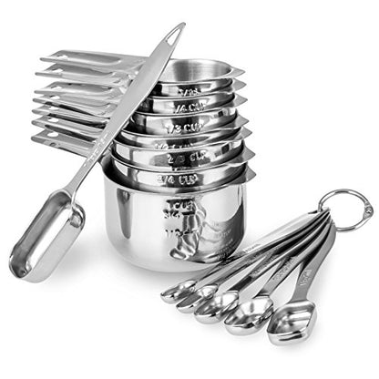 13-piece Measuring Cups and Spoons Set, 18/8 Stainless Steel Heavy Duty Ergonomic Handle with Ring Connector, Silver - color: Silver, size: 13 Piece