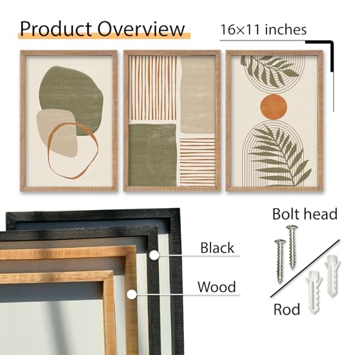 SRSZHIYUE Large Green Abstract Boho Plant Wall Art Neutral Bohemian Set of 3 Wood Framed 16x11 Inch for Living Room Bedroom Wall Decor Hanging (Wood)