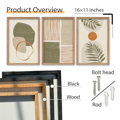 SRSZHIYUE Large Green Abstract Boho Plant Wall Art Neutral Bohemian Set of 3 Wood Framed 16x11 Inch for Living Room Bedroom Wall Decor Hanging (Wood)