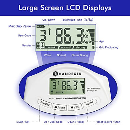 Digital Grip Strength Tester, 198 lb Hand Dynamometer, Blue | 198 lb Capacity; 0.2 lb Increments; 19 User Profiles; Adjustable Handle; LCD Display; For Sport and Rehab