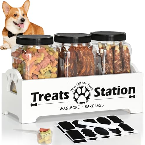 Dog Treat Container Dog Food Storage Container for Countertop, Cat Food Storage Container with 3 Plastic Dog Treat Jar, Dog Food Storage Container for Dog and Cat, White Wooden Dog Food Container - color: White-3 jars