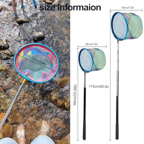 Fishing Nets with Bucket Fishing Retractable Landing Net Lightweight Aluminum Pole with Non-Slip Handle for Catch and Release and Release Frogs Butterfly Youth Outdoor - style: Blue + Pink