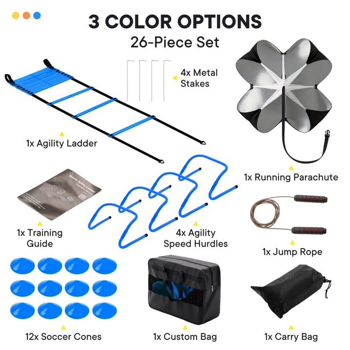 Agility Ladder Training Set, 20ft Speed Ladder with 4 Hurdles, Jump Rope, 12 Soccer Cones & Running Parachute, All-in-One Agility Speed Training Equipment for Soccer, Football, Basketball - color: Yellow