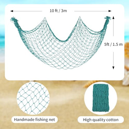 Decorative Fishing Net 5x10 ft,YuanDe 2 Pack Large Aqua Picture Fish Net, Wall Photo Hanging Fishnet for Nautical Mermaid Pirate Ocean Themed Hawaii Beach Under The Sea Party Decorations