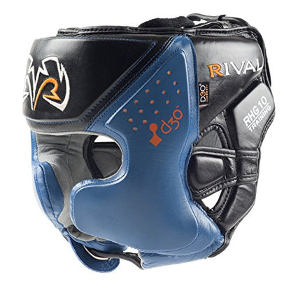 RIVAL Boxing RHG10 Intelli-Shock Headgear, D3O Front and Side Padding, Hook and Loop Back Adjustment with Lace on Top, and Anatomical Rear Head Pad Every Time - color: Black/Blue, size: Medium