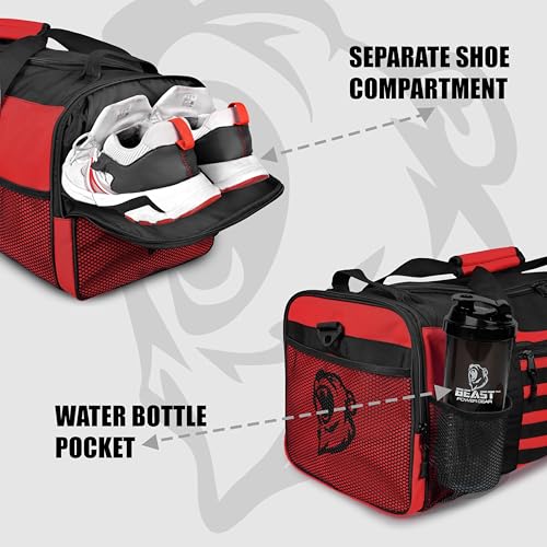 Gym Duffle Bag- Workout, Boxing, MMA, Sports Bag with Shoes Compartment and Adjustable Shoulder Strap for Men and Women (Red) - color: Red