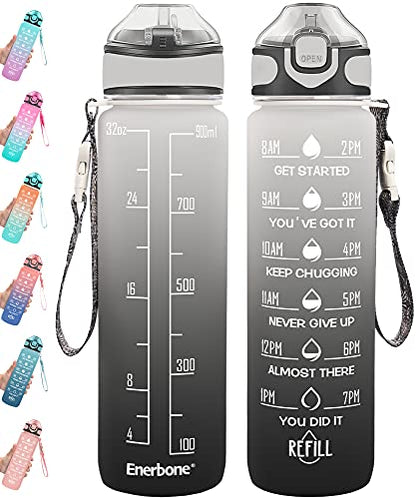 Enerbone 32 oz Drinking Water Bottle with Times to Drink and Straw, Motivational with Carrying Strap, Leakproof BPA & Toxic Free, Ensure You Drink Enough Water for Fitness Gym Outdoor - color: Gray-Black
