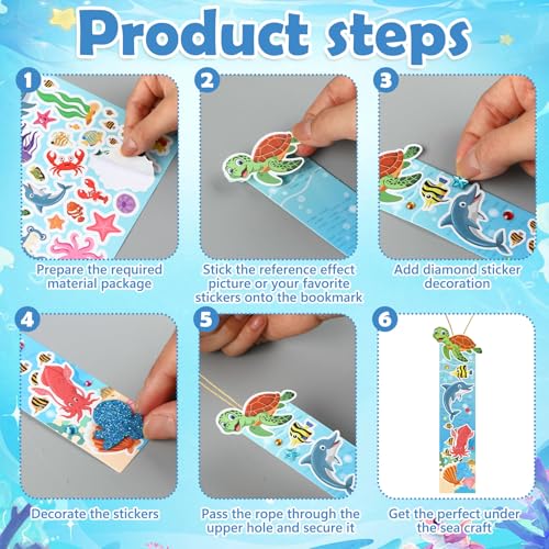 Frienda 48 Sets Summer Ocean Bookmarks Craft Kits DIY Under The Sea Stickers Shark Make Your Own Bookmarks Paper Craft Summer Party Games for Ocean Animals Classroom Activity Supplies - style: Sea Animals