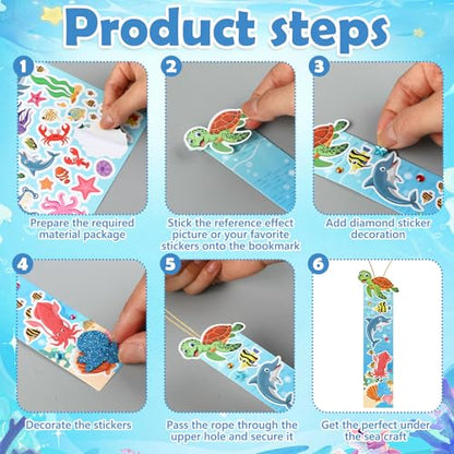 Frienda 48 Sets Summer Ocean Bookmarks Craft Kits DIY Under The Sea Stickers Shark Make Your Own Bookmarks Paper Craft Summer Party Games for Ocean Animals Classroom Activity Supplies - style: Sea Animals