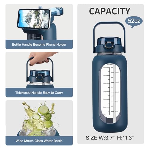 chunmo 52oz Glass Water Bolttles with Straw Half Gallon Large Motivational Water Bottle - color: Dark Blue, size: 52 Ounces