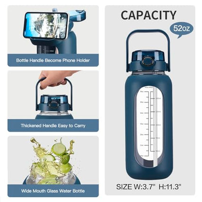 chunmo 52oz Glass Water Bolttles with Straw Half Gallon Large Motivational Water Bottle - color: Dark Blue, size: 52 Ounces