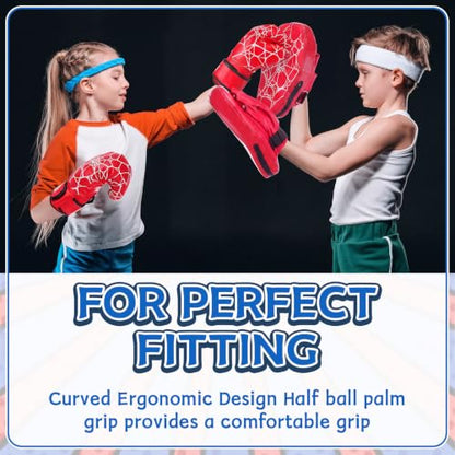 Boxing Gloves and Punching Mitts Set 4oz Gloves Boxing Pads Kids Youth Sparring Gear Training Equipment for Taekwondo Kick Karate Muay Thai MMA Martial Art - style: Red Spider