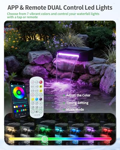 8inch Pond Waterfall Spillway with RGB LED Lights & 660GPH Pond Pump- APP/Remote Control, 304 Stainless Steel Pond Spillway with 9.8FT Tubing for Garden Ponds Landscape Water Features-P42DY - size: 8INCH with Remote Lights