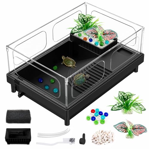 GOZILLA Small Turtle Tank Kit, Acrylic Turtle Starter Kit, Reptile Habitat and Terrarium with Multi-Functional Areas for Small Reptiles.(Black Tank)