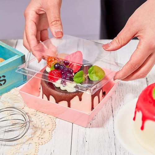 50 Pack Small Charcuterie Boxes with Clear Lids, 4 Inches Paper Bakery Boxes Dessert Boxes Disposable To Go Food Containers for Cookie, Cake Slice, Mini Cake, Chocolate Strawberry (Pink) - color: Pink