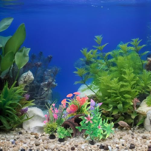 Homoyoyo 9pcs Broken Barrel Aquarium Decorations with 8 Artificial Plastic Plants Betta Fish Tank Cave Hideout Shelter Ornament for Shrimp, Goldfish, and Reptiles