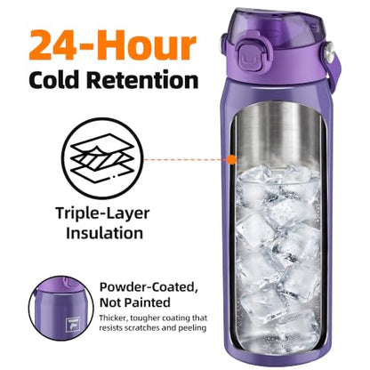 Fanhaw 24 oz Insulated Stainless Steel Water Bottle with 2-in-1 Straw& Chug Lid, Leakproof Wide Mouth Vacuum Bottle for School, Sports, Kids, Teens& Adults, Back to School Essentials (Lilac) - color: Lilac