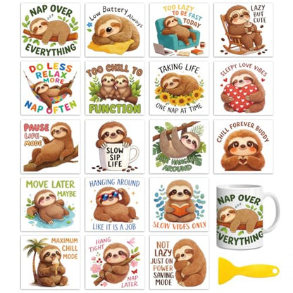Peacoblue 18 Sheets Rub on Transfers for Crafts, Sloths with Words 3.6"x3.9" UV DTF Cup Wraps Waterproof Cold Transfers Stickers for Wood Glass Metal Cup Tumblers Mirrors Mugs Home Decor - style: Sloths with Words