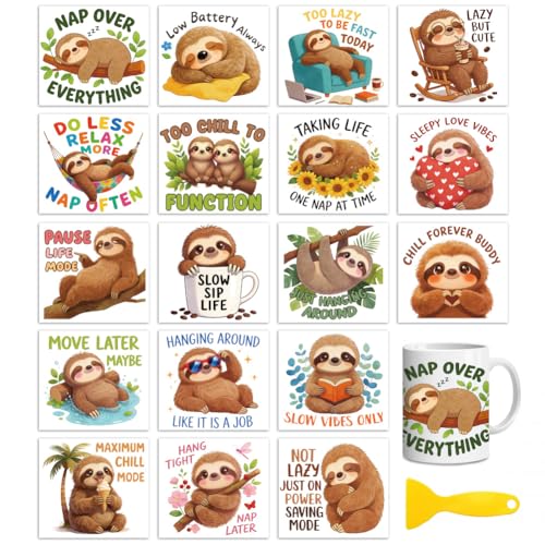Peacoblue 18 Sheets Rub on Transfers for Crafts, Sloths with Words 3.6"x3.9" UV DTF Cup Wraps Waterproof Cold Transfers Stickers for Wood Glass Metal Cup Tumblers Mirrors Mugs Home Decor - style: Sloths with Words