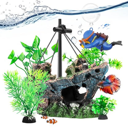 6 Pack Little Diver Floating Fish Tank Decoration，Mini Floating Submarine Aquarium Plants Sunken Ship Decoration — Safe Resin Fish Tank Decor for Betta, Shrimp (5.3 x 2.5 x 4.5 inches) - size: 6 Pcs