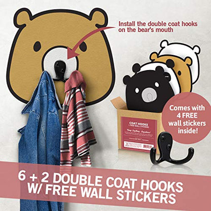 Jack N’ Drill 6+2 Coat Hooks w/ 4pcs. Cute Bear Stickers | Heavy Duty Hooks for Hanging Towels, Coat & Hat Rack | Wall Mounted Wall Hook for Kitchen and Bathroom Wall - color: Black Finish
