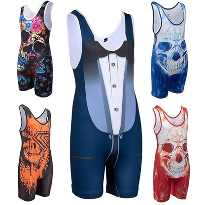KO Sports Gear Adult Wrestling Singlets, Funny & Holiday Designs, XS-3XL - color: Tuxedo, size: X-Large