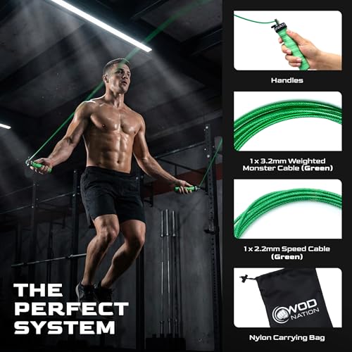 WOD Nation Attack Speed Jump Rope Adjustable Dual-Cable Skipping Rope for Men, Speed & Weighted Options, Fast Fold-Over Adjustment Durable Adult Boxing Rope for Fitness, Cardio Home Gym & Cross Training - color: Green