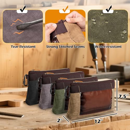 4 Pack Heavy Duty Tool Pouch with Carabiner, 12” Canvas Tool Pouch Bag with Clear Window (4 Colors: Black, Gray, Green, Khaki)