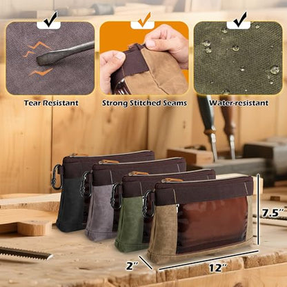 4 Pack Heavy Duty Tool Pouch with Carabiner, 12” Canvas Tool Pouch Bag with Clear Window (4 Colors: Black, Gray, Green, Khaki)