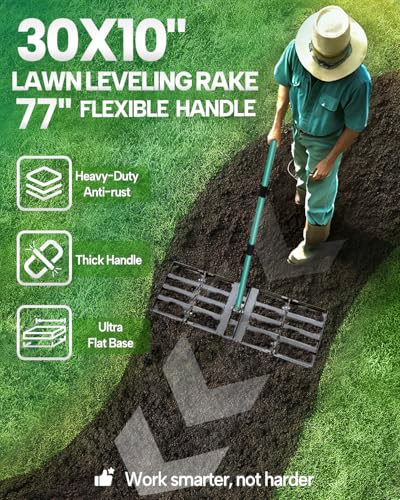 Lawn Leveling Rake, 30 Inch Yard Lawn Leveling for Soil with 78" Adjustable Steel Handle, Heavy Duty Effort Saving Landscape Lawn Leveler for Yard Garden Soil Sand Dirt Grass - style: 30"X10"