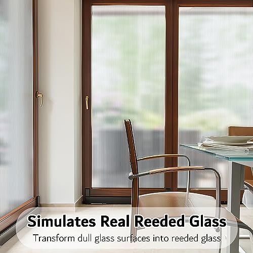 Reeded Glass Window Film, Window Privacy Film, Frosted Window Vinyl, 3D Decorative Decals Non Adhesive for Bathroom Living Room 17.7x78.7 inches