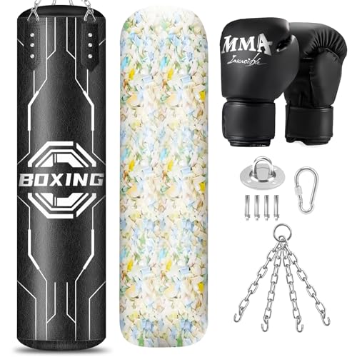 Filled Punching Bag for Adults, 4FT Boxing Bag with Sponge Filler & Gloves | PU Leather Hanging Punching Bag, Heavy Kicking Bag Boxing Equipment for MMA Training Karate Kickboxing - style: Octagon