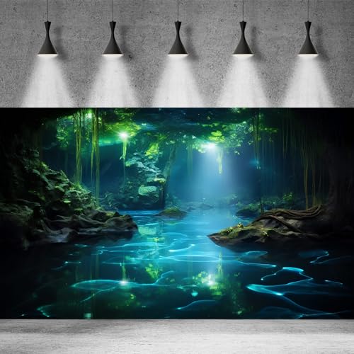 Cave Aquarium Background Underwater Cave with Light Beam Tranquil Stream Terrarium Background Mysterious Elegant Fantasy Tropical Plants Fish Tank Backdrop Wallpaper Poster Decorations Vinyl 48x18in